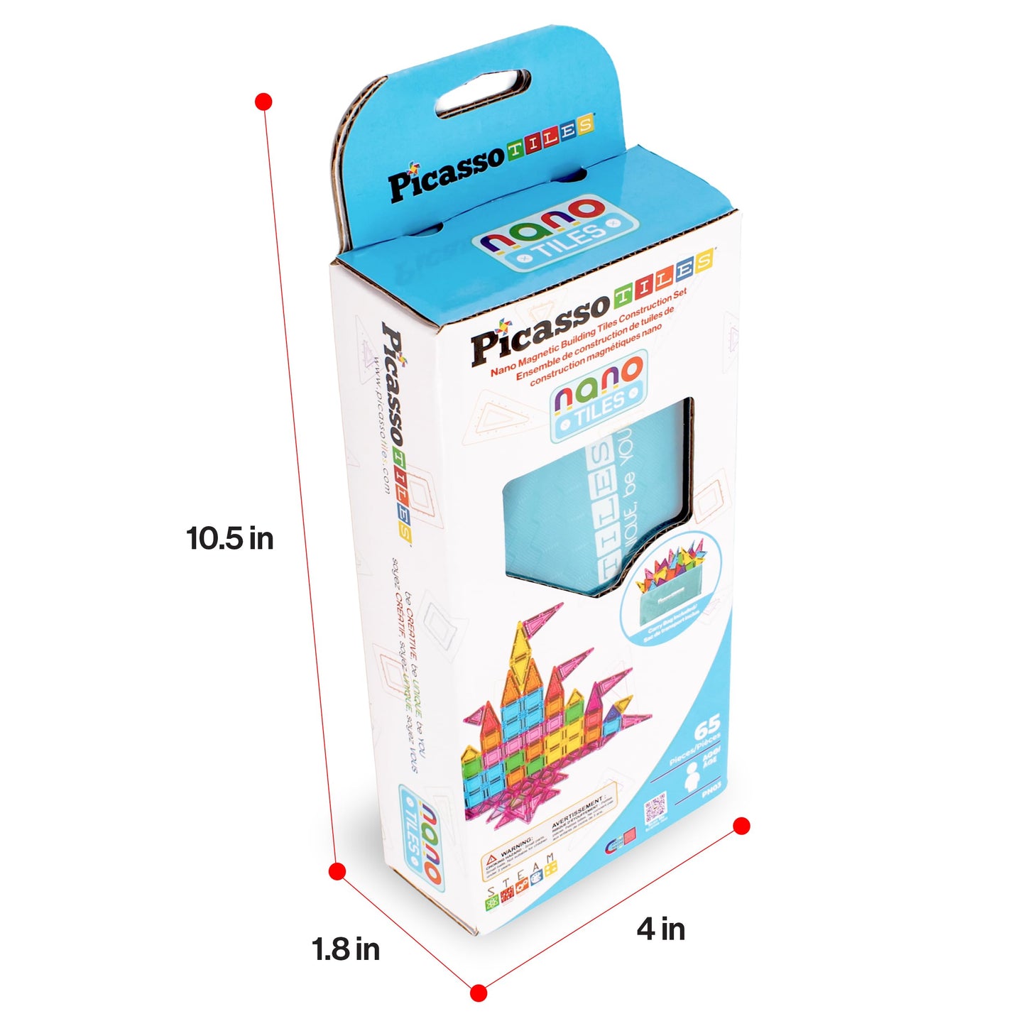 PicassoTiles 65pc Nano Magnetic Tile Travel Size Mini Portable Toy Construction Building Blocks Playset with Storage Bag Pouch STEM Montessori Classroom Magnet Tiles Stacking Toys for Kids Age 3+ PN03