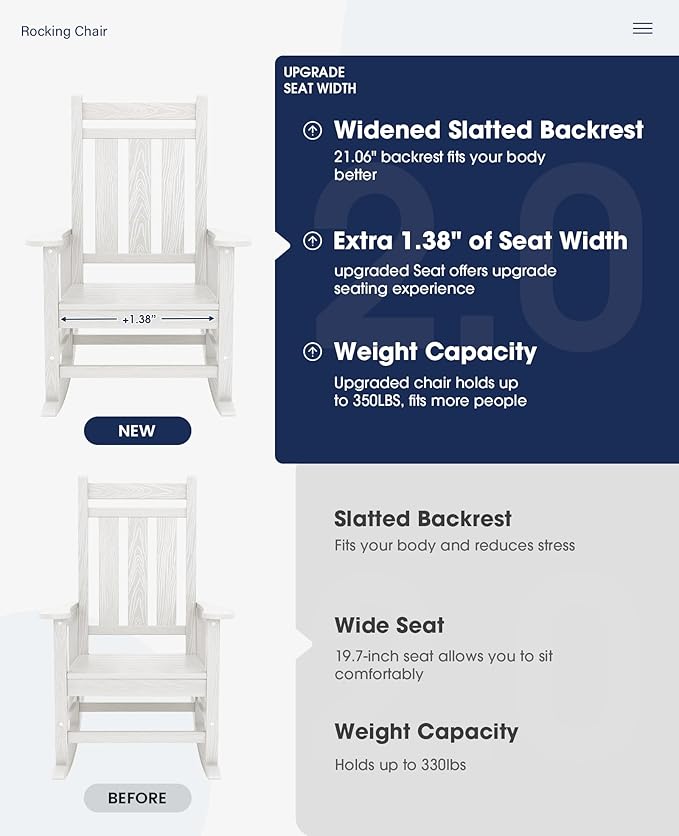 KINGYES Oversized Outdoor Rocking Chair, All-Weather Patio Rocking Chairs