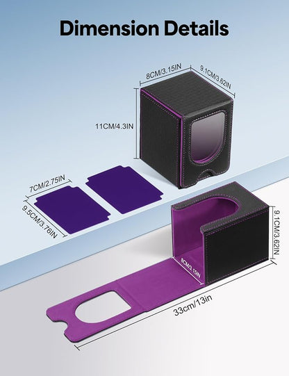 Card Deck Box for MTG Commander, Card Case Holds 100+ Double-Sleeved Cards, Magic Card Box Fits for TCG/PTCG/CCG Card with 2 Dividers (Black&Purple)
