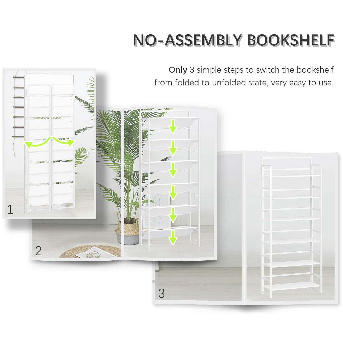 4NM No Assembly 6 Tiers Folding Bookshelf Storage Shelves Vintage Bookcase Standing Racks Study Organizer Home Office (All White)