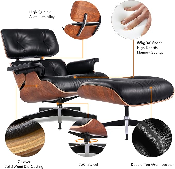 Black PU Leather, Mid Century Chaise Lounge Chair Indoor, Chair