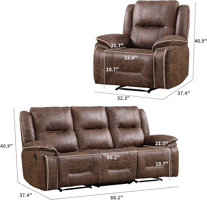 EBELLO Faux Leather Manual Recliner Sofa Set, 1 Seat Reclining Chair and a 3
