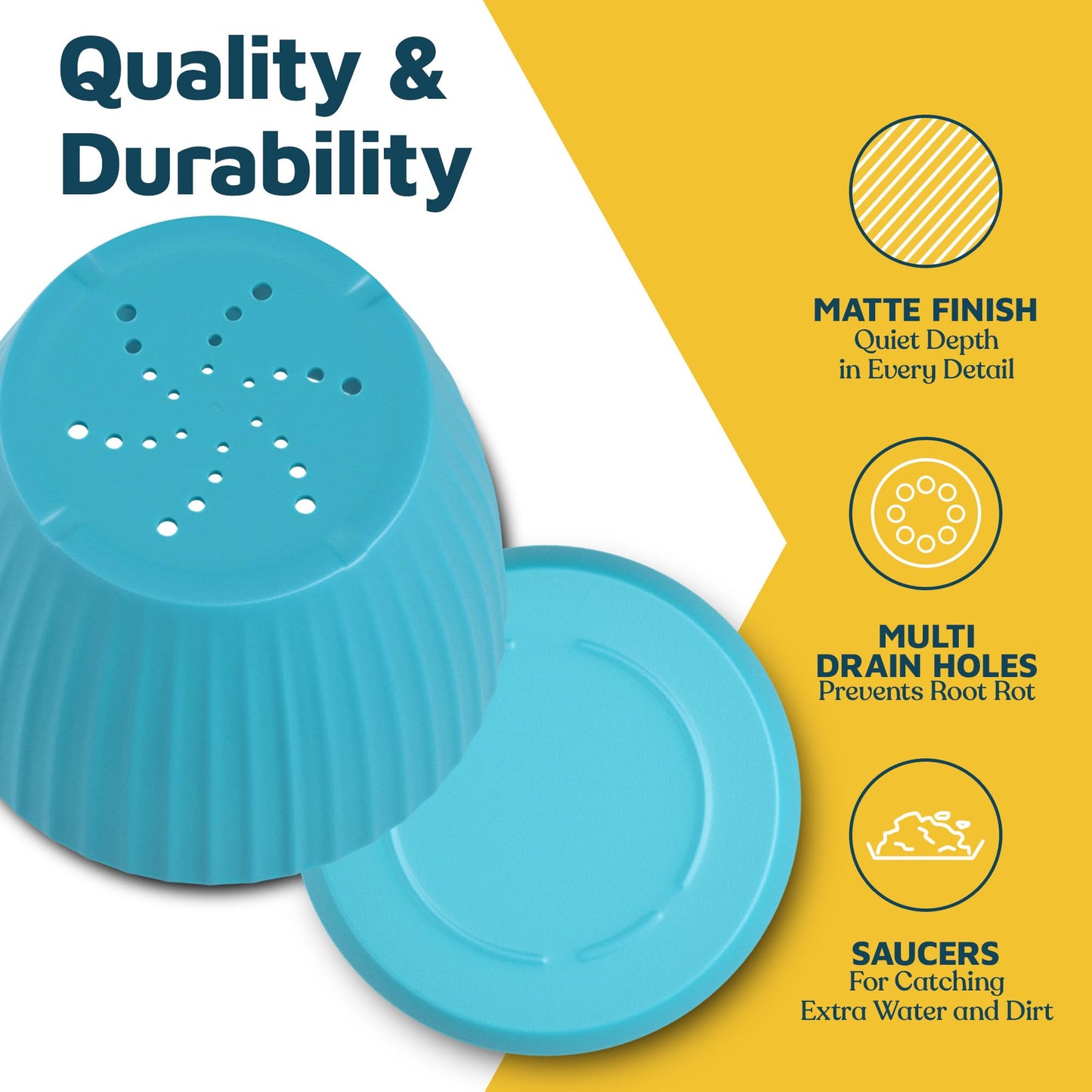 Blue 6-Inch Plant Pots with Drainage & Saucers 12 Pack, Indoor & Outdoor Planters for Houseplants, Herbs, and Flowers, Durable & Weatherproof Material, Stackable, Lightweight, Minimalist Design