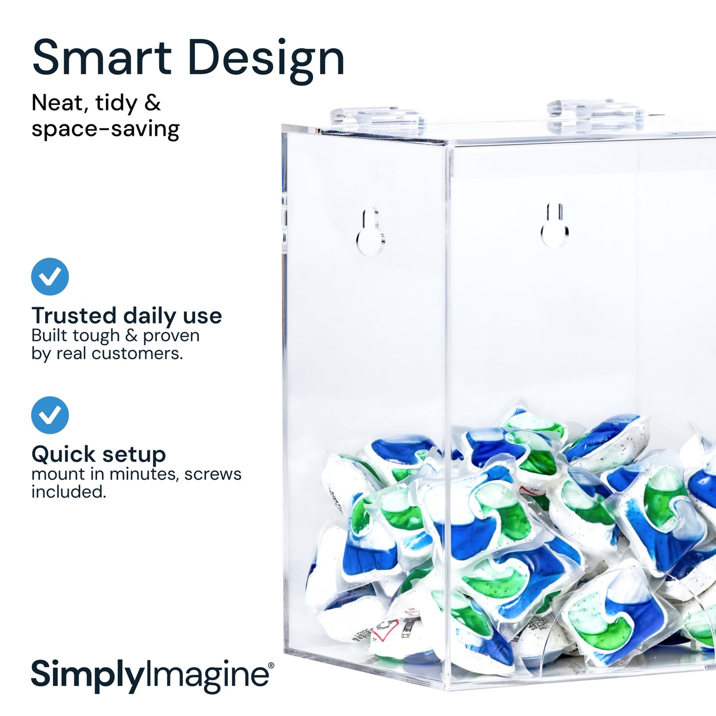 SimplyImagine Clear Acrylic Glove Dispenser - Storage Wall Mount Storage for Hairnets, Masks, and Laundry Pods - 8.25" H x 6.5" W x 5" Holder for Estheticians and Home - Hardware Included