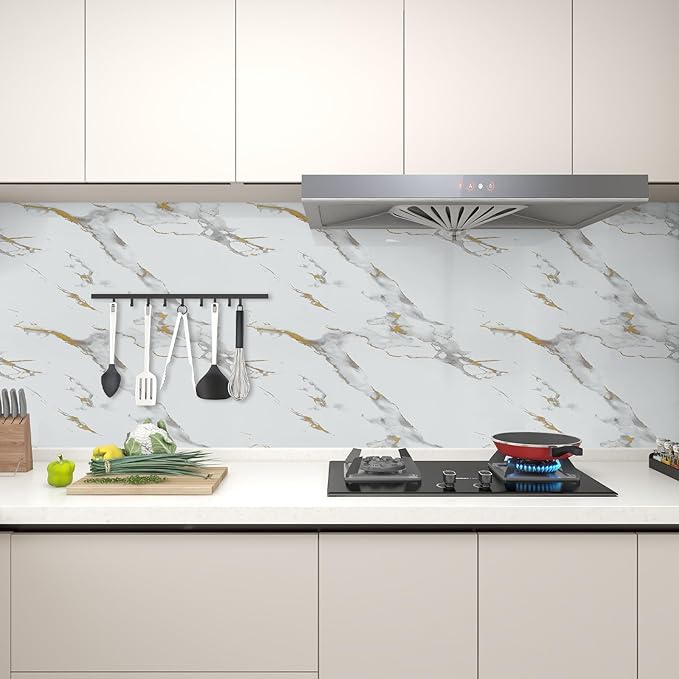 practicalWs Glossy Marble Wallpaper Peel and Stick White/Gold Granite Contact