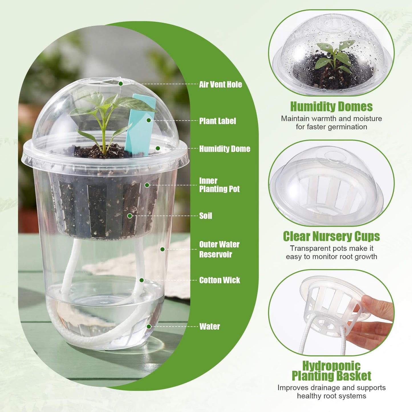 30 Packs 3.3" 4.5" Self Watering Plastic Clear Nursery Pots with Humidity Dome Seed Starter Cups Kits Hydroponic Basket Plant Labels Automatic Watering Planter for Propagation Planting Seedling