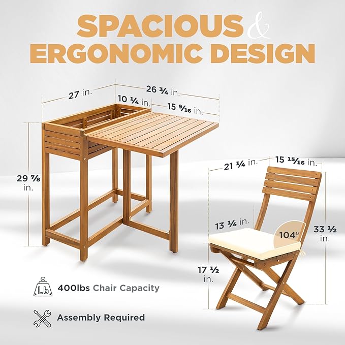IDZO Natural 3-Piece Bistro Set: Foldable 400lbs Chairs, 220lbs Shelf Table