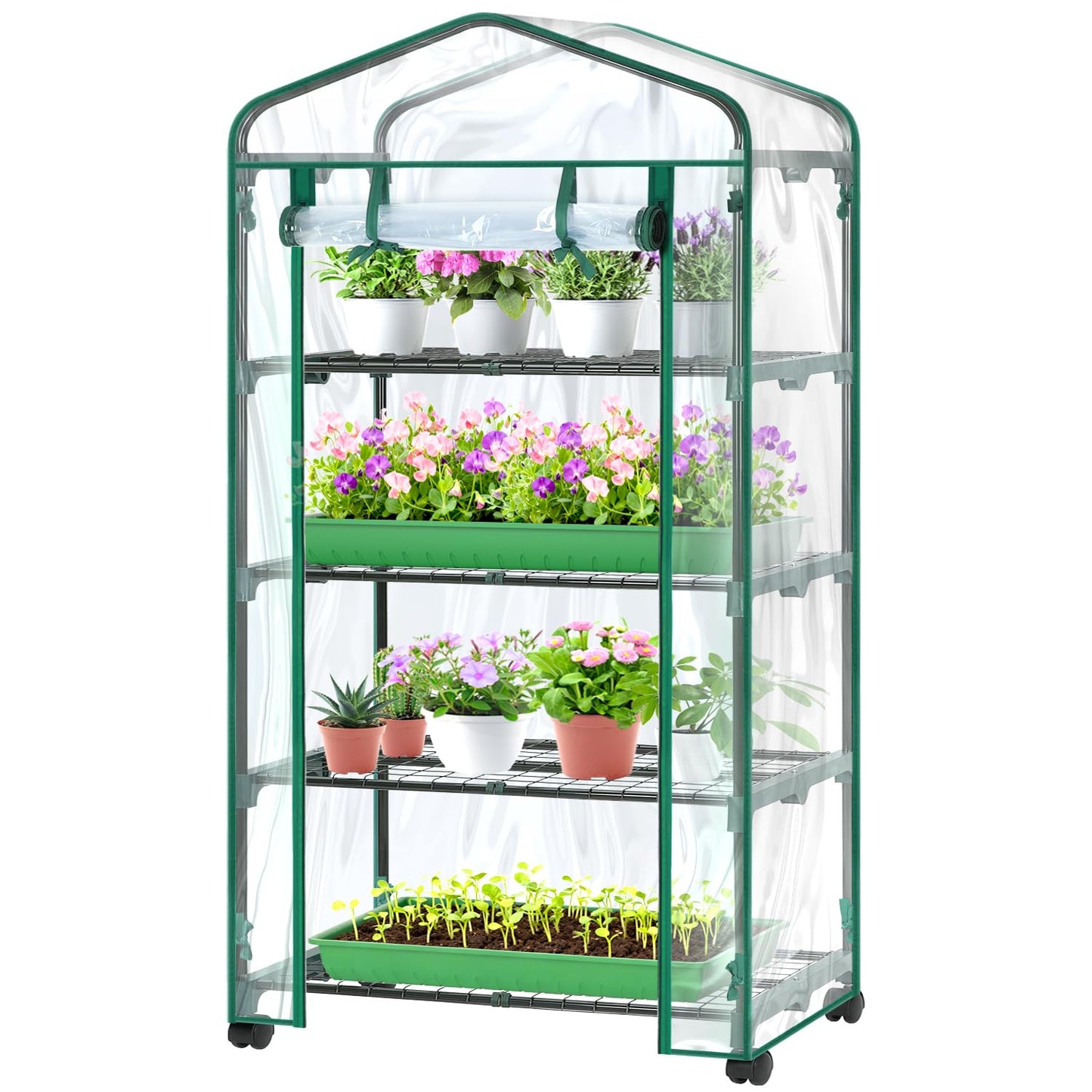 Ohuhu Mini Greenhouse for Indoor Outdoor with Wheel, Small Plastic Plant Green House 4-Tier Rack Stand Portable Greenhouses with Durable PVC Cover for Seedling