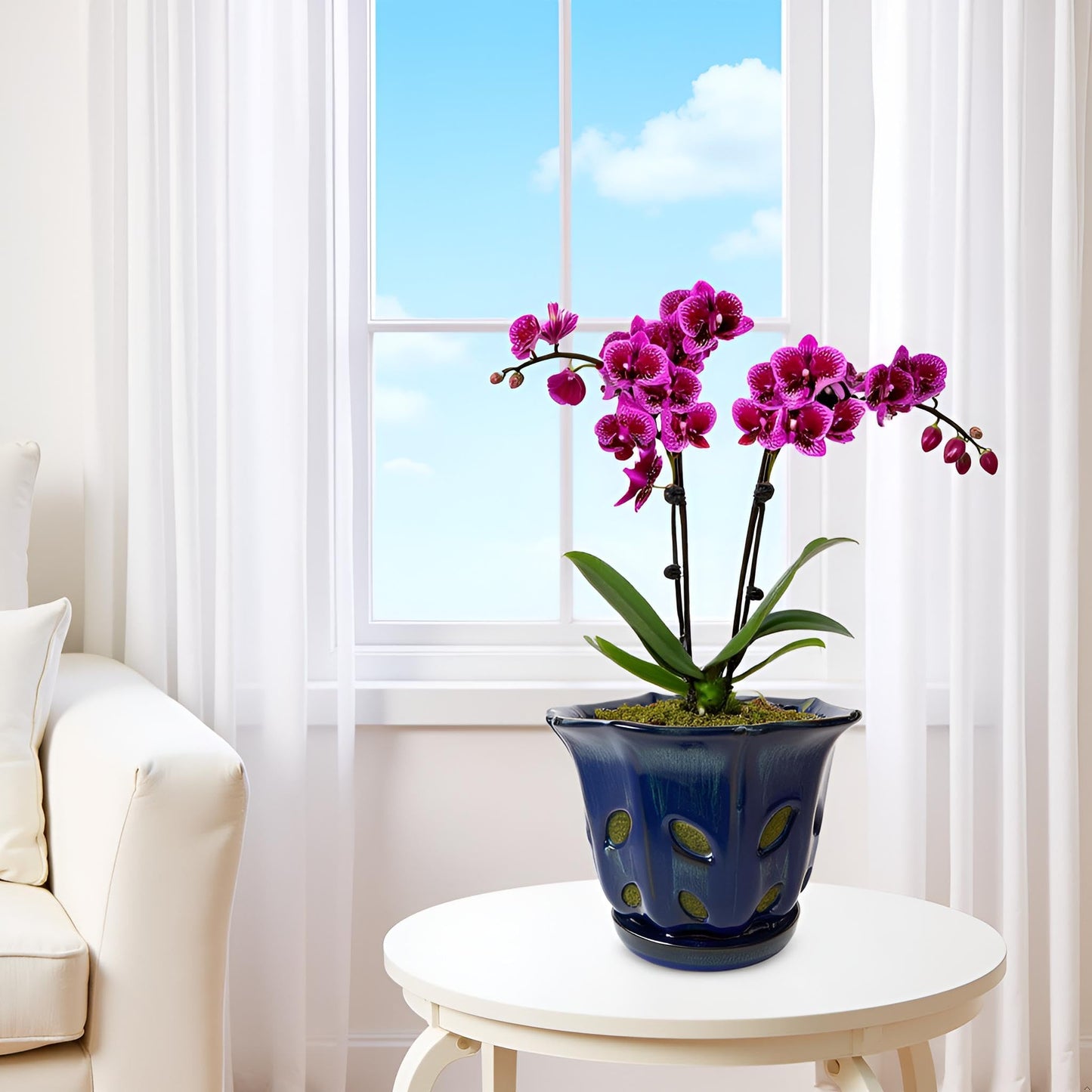 Grdthzey Ceramic Orchid Pots with Holes 6 inch (Dark Blue)
