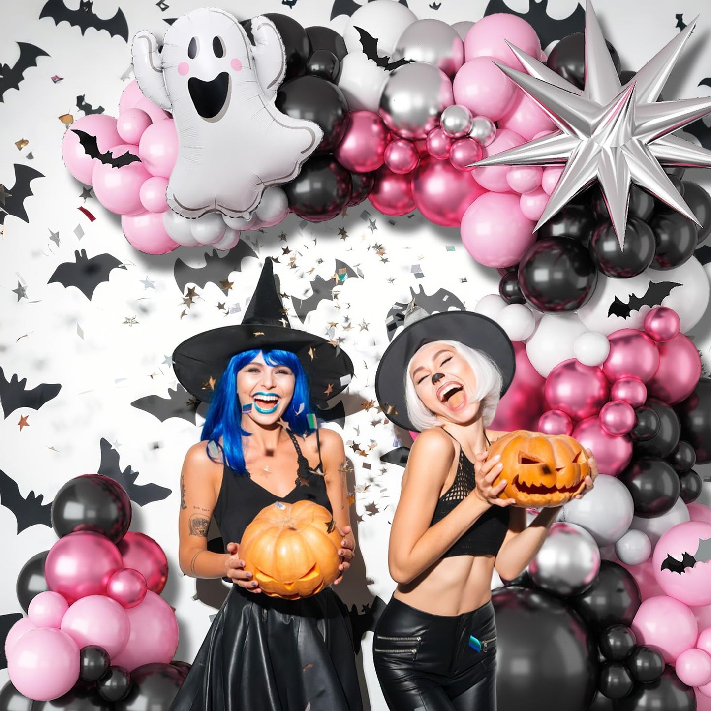 Froova Halloween Balloon Arch Kit, 131 Pcs Pink Black Silver Balloon Garland with 3D Bat Stickers Ghost Star Balloons for Girls Halloween Baby Shower Spooky Birthday Party Decorations