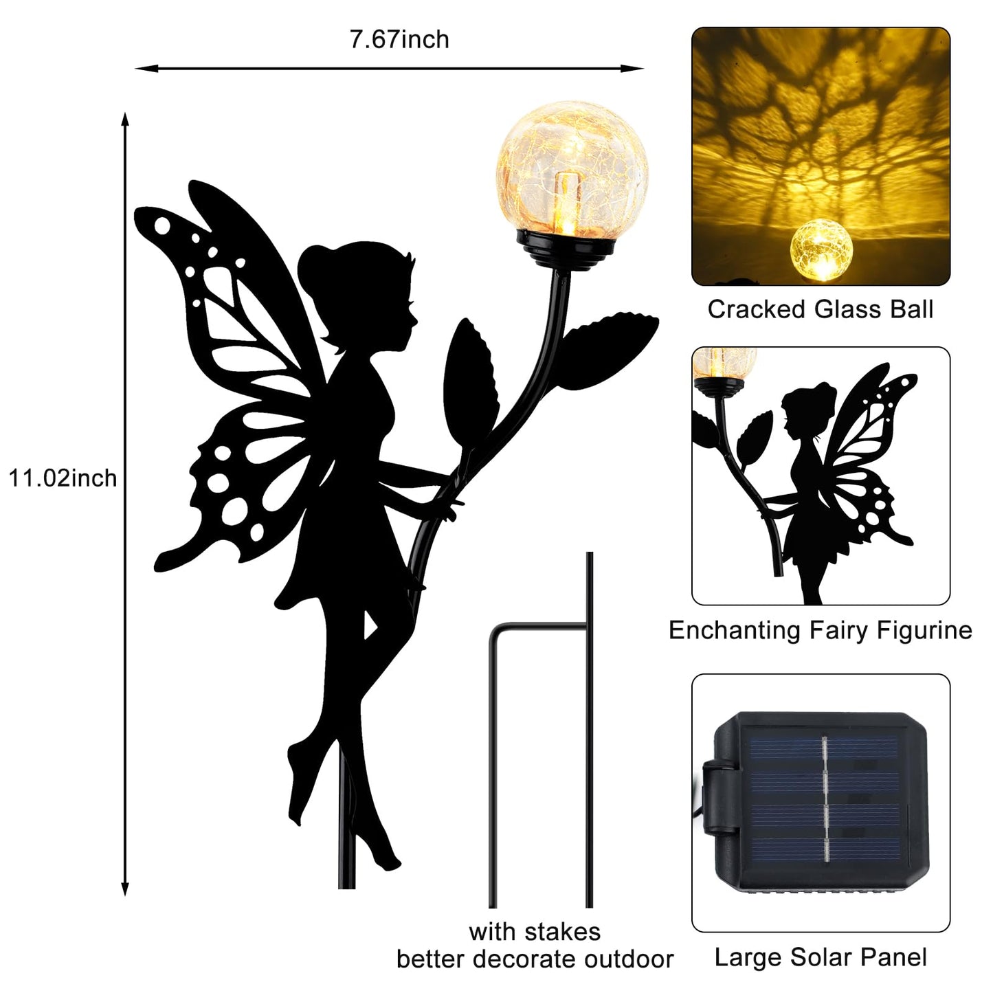 Ouddy Decor 2 Pack Solar Fairy Garden Decor, Metal Statues with Crackle Glass Globe Lights Silhouette Waterproof for Outdoor Lawn Patio Yard Pathway Home Mother's Day Decorations Gardening Gifts