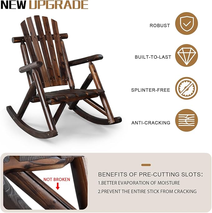 Outvita Wooden Rocking Chair, Fir Log Adirondack Rocker, Outdoor Wood Accent