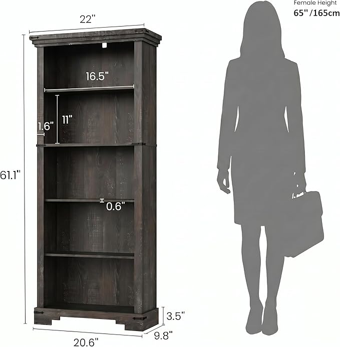 5-Tier Farmhouse Bookshelf, 61.1 inch Tall Bookcase