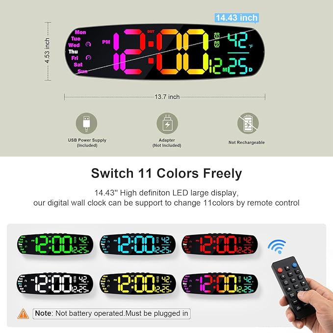 ANALOI Large Digital Wall Clock,14.4 inch Large Display Digital Clock with Auto Dimming, Temperature and Date, Remote Control, Night Light,DST, Alarm for Classroom/Gym/Bedroom