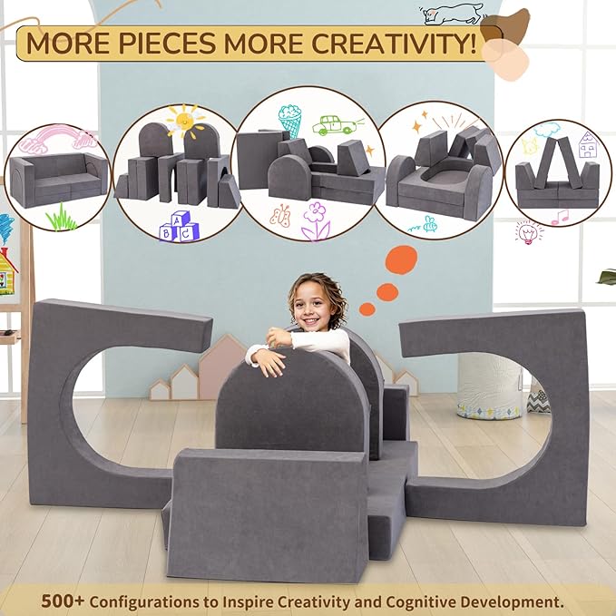 Fvkind 10 Pcs Modular Kids Play Couch, Convertible Sectional Toddler Sofa