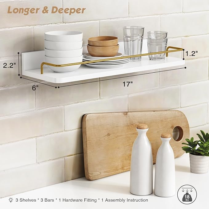 Forbena Gold Floating Shelves for Wall Decor Set of 3, Bathroom Shelves Over