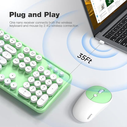 MOFII Wireless Keyboard and Mouse Combo, Computer Full Size 2.4G Plug and Play Wireless Typewriter Retro Round Keyboard and Mouse Set for Windows, Computer, Desktop, PC, Notebook - (Light Green)
