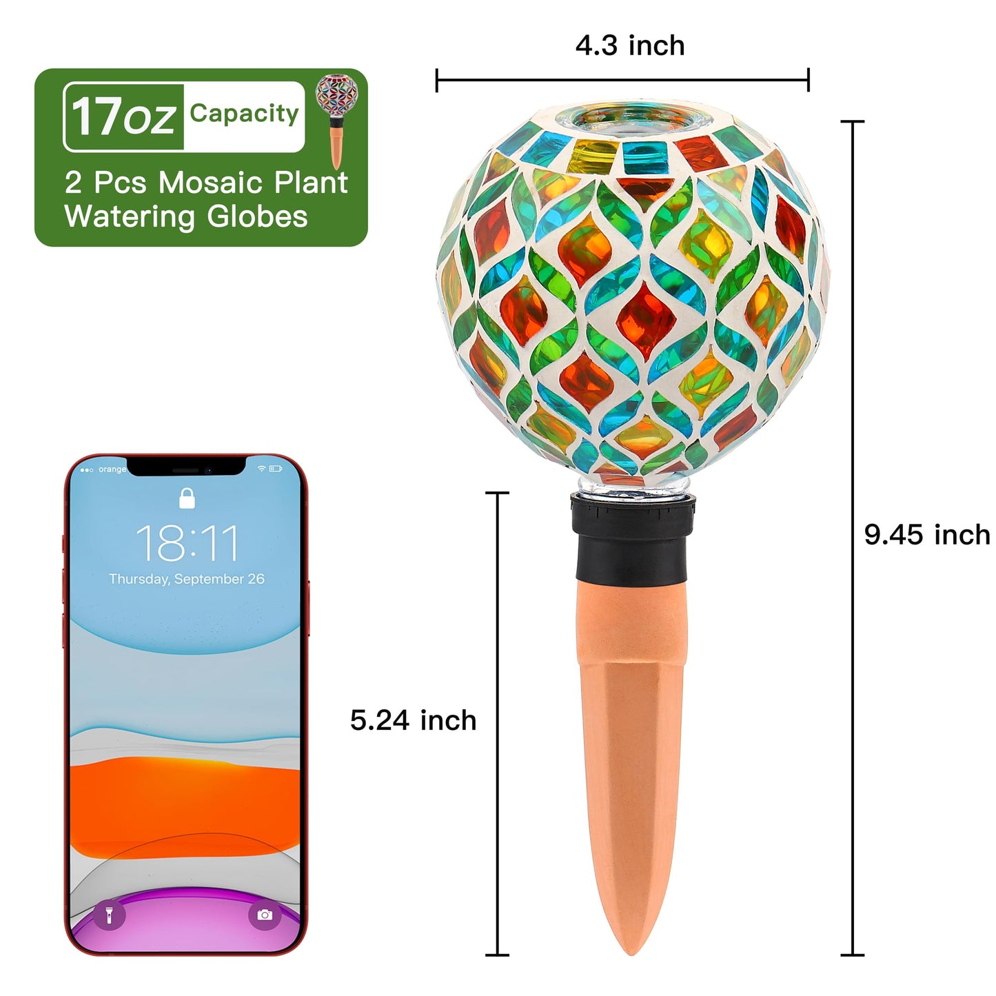 VOREEN Mosaic Plant Watering Globes with Terracotta Spikes, Decorative Glass Watering Globes for Potted Plants, Garden Accent & Thoughtful Gift, Set of 2