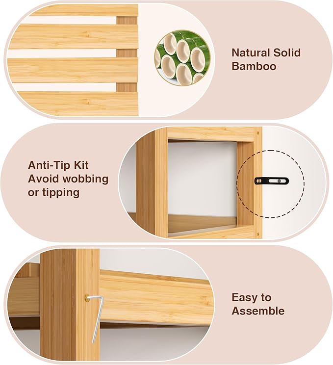 VASMIA 6-Tier Bamboo Shelf, Bamboo Storage Shelving Unit, Tall Bookcase