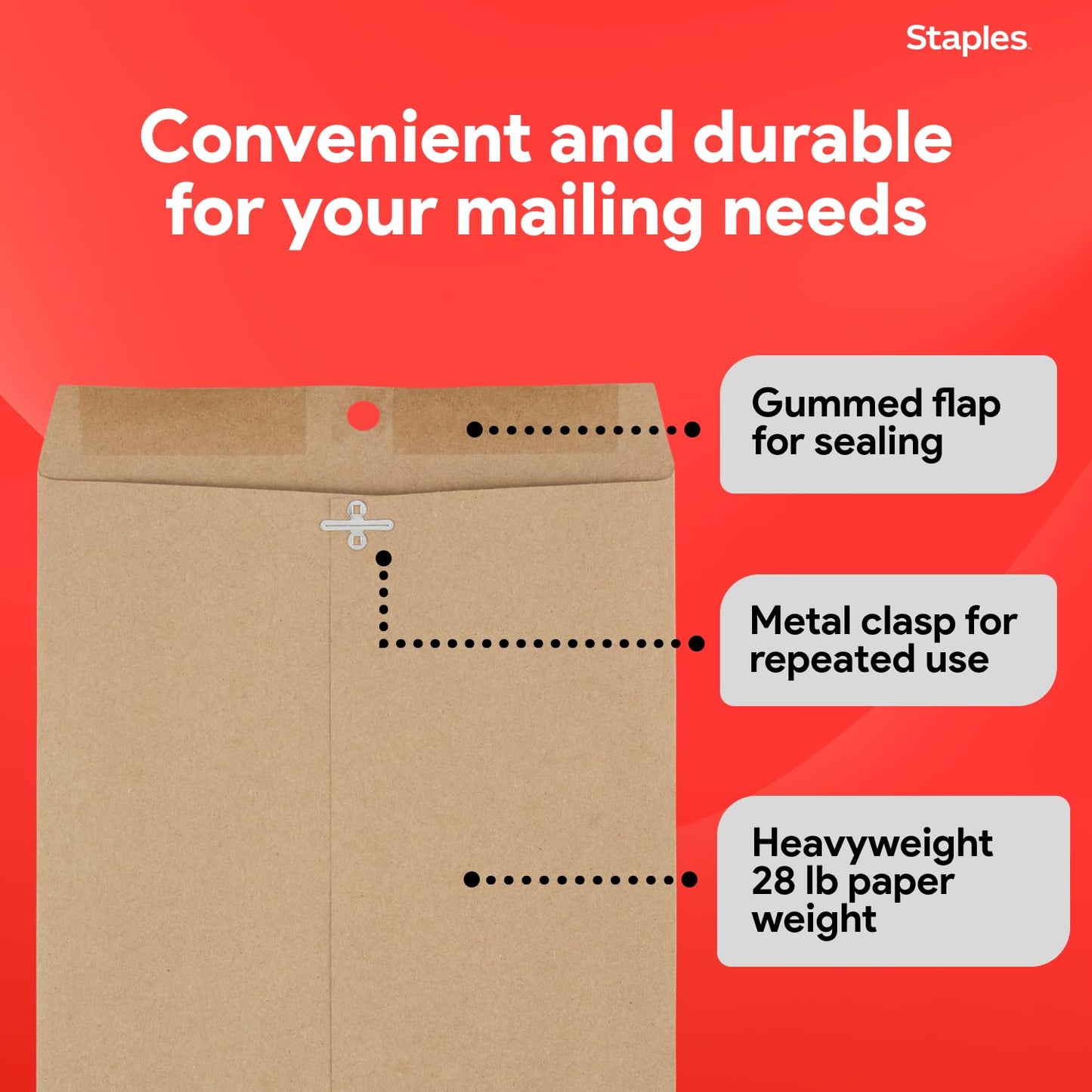 Staples 9 x 12 Kraft Clasp Catalog Envelopes, Brown, Eco‑Friendly Heavyweight Mailing Envelopes with Metal Clasp & Gummed Seal, 100/Pack