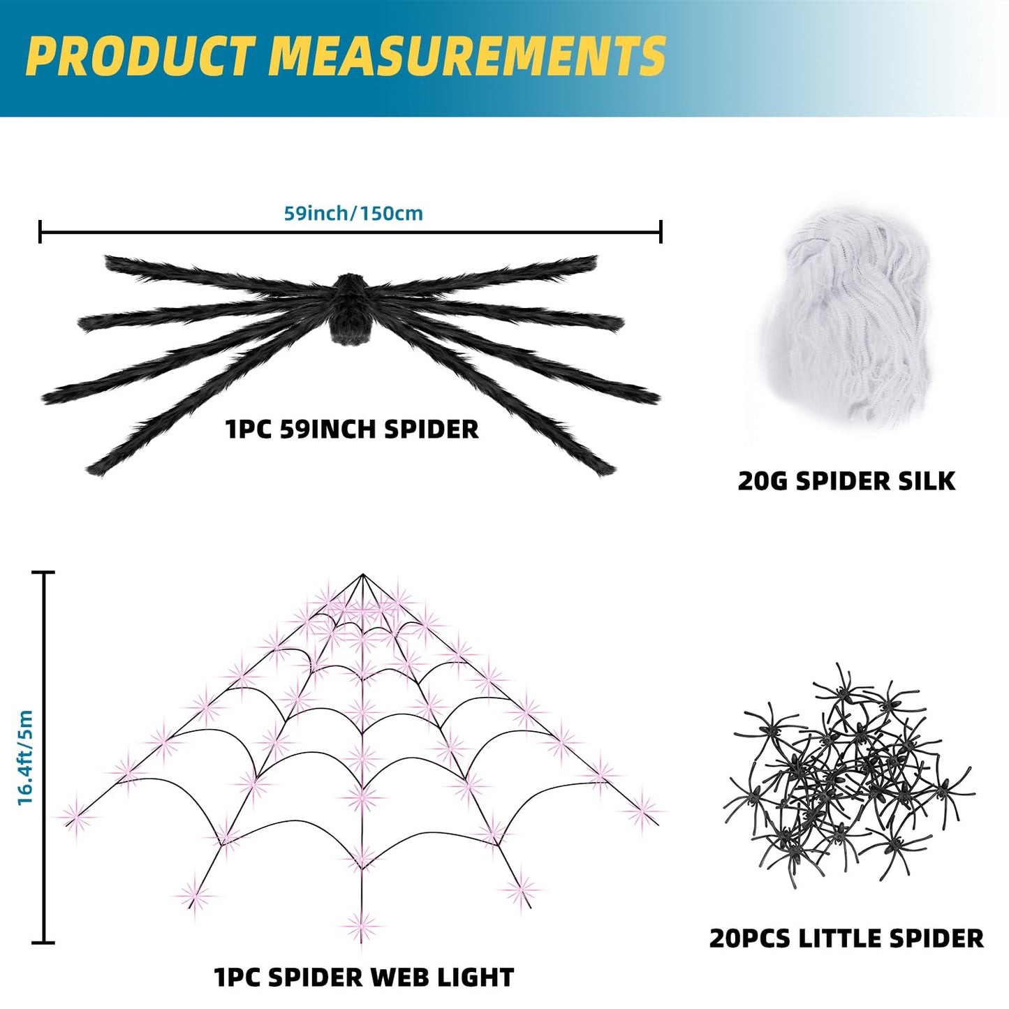 ININ 200" Halloween Light Up Spider Web with 250 LED Lights,Halloween Decorations Outdoor/Indoor,Scary Party Decorations with 59" Giant Spider & 20g Stretch Cobweb,for Yard/Lawn/Garden(Purple)