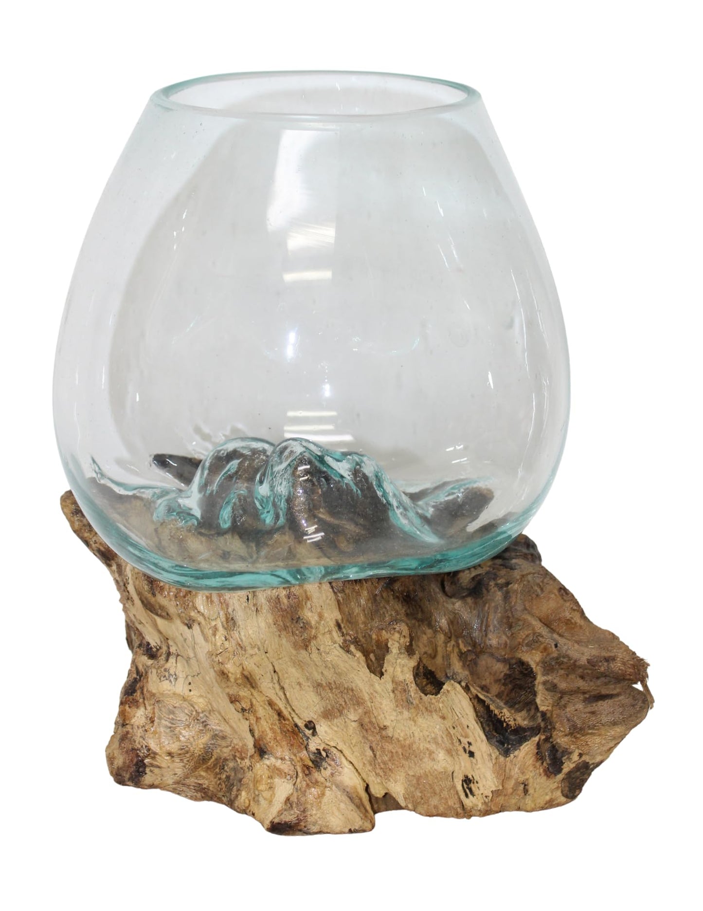 Large Hand Blown Molten Glass and Wood Root Sculptured Terrarium Vase Fish Bowl 8"