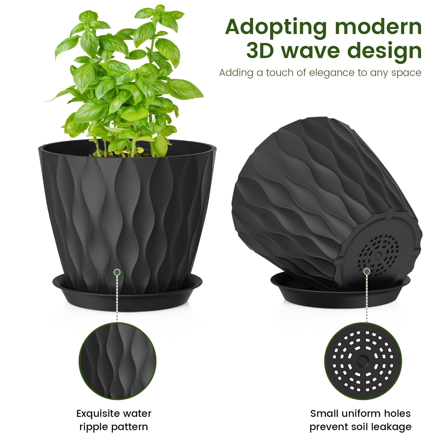 Meowell 7/6.5/6/5.5/5/4.5/4 inch Plant Pots for Indoor Outdoor Plants, 7 Pack Thick Flower Pots with Drainage Holes and Saucers, Modern Wave Texture Plastic Planter Pots for Nursery, Succulent, Black