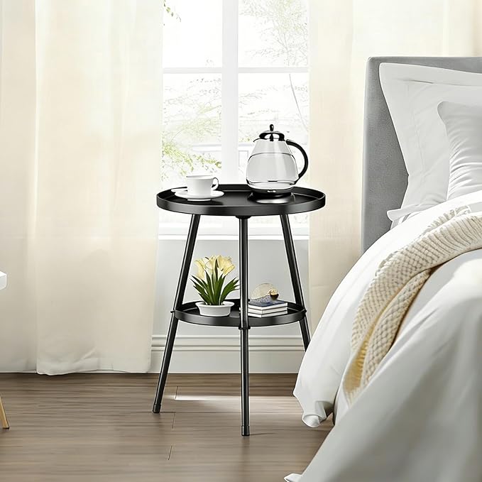 Side Table 2-Tier Small Round End Table Metal Black Accent Table