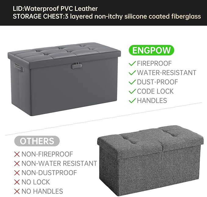 ENGPOW Storage Ottoman Bench, Fireproof Folding Bench