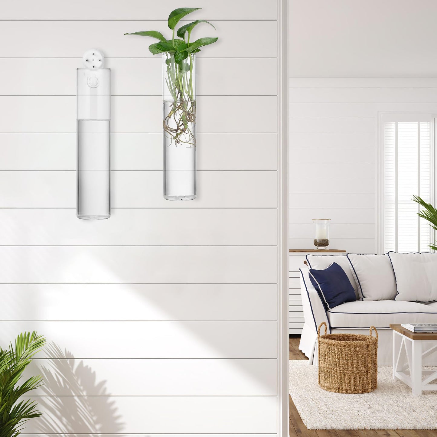 Uonlytech Wall Hanging Glass Vases for Hydroponic Plants, 2pcs Large Cylinder Water Plant Holders, Terrarium Stations for Home Décor and Indoor Garden