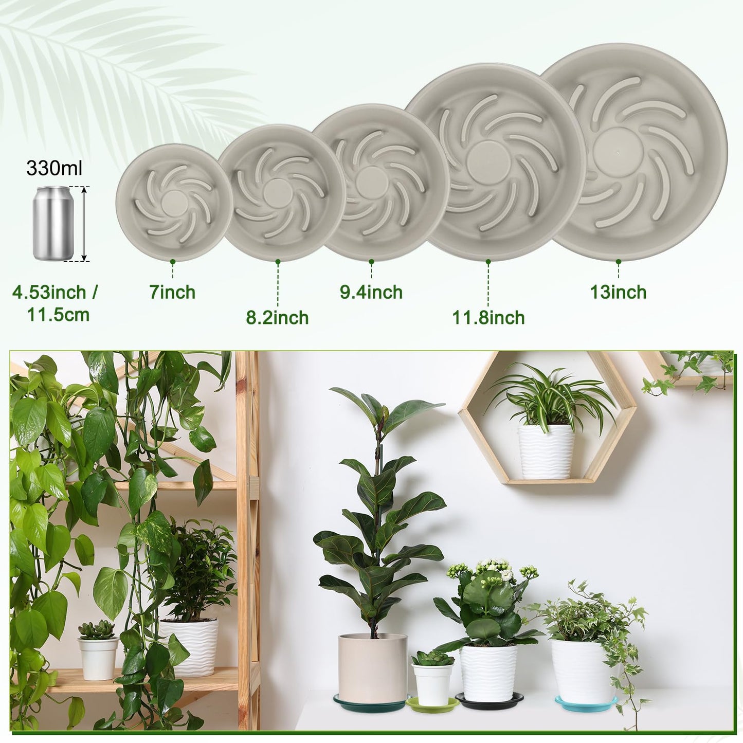M METERXITY 2-Pack Plant Saucer, 6.5 Inch/ 16.5cm Plastic Plant Trays Thicker for Pots/Indoor/Outdoor/Water Drainage and Protection, Flowerpot Drip Tray [Grayish White]