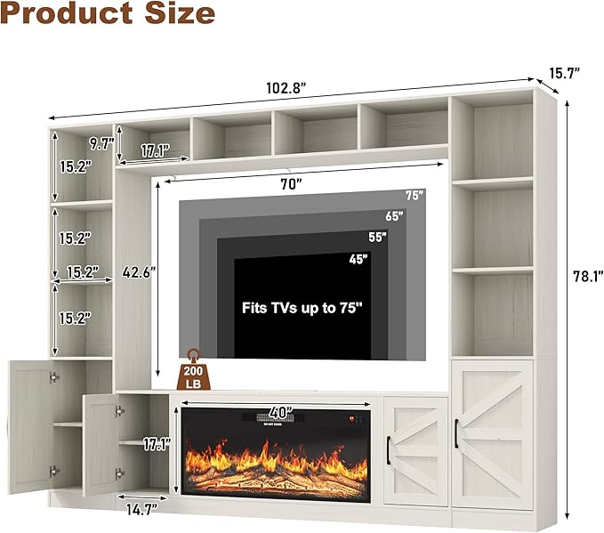 103" Fireplace TV Stand with 40" Electric Fireplace, Farmhouse TV Stand with
