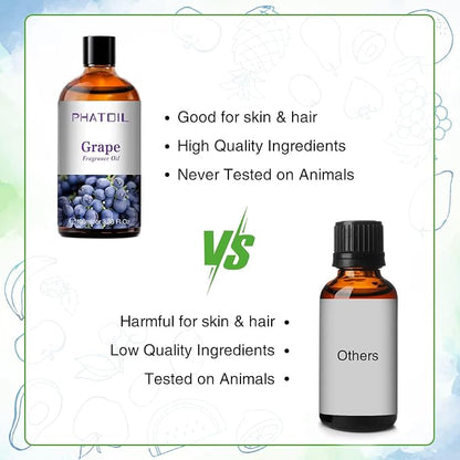 PHATOIL 3.38FL.OZ Grape Fragrance Oils for Aromatherapy, Essential Oils for Diffusers for Home, Perfect for Diffuser, Yoga, Skin Care, DIY Candle and Soap Making - 100ml