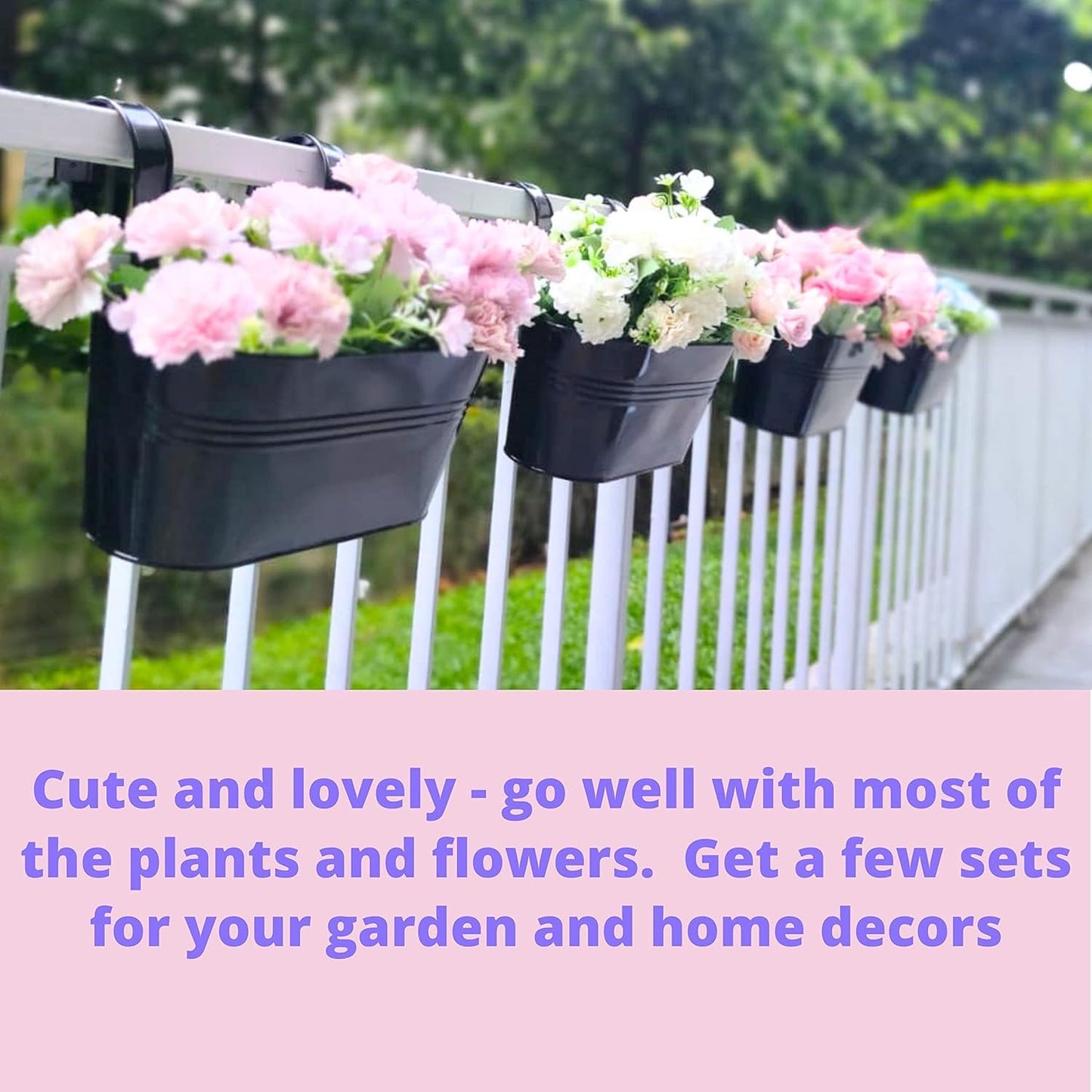 Maxona Metal Iron Hanging Flower Pots, 6 Pack, 9.8 Inch Oval Black Railing Fence Hanging Bucket Pots Countryside Style Window Flower Plant Holder with Detachable Hooks Home Décor