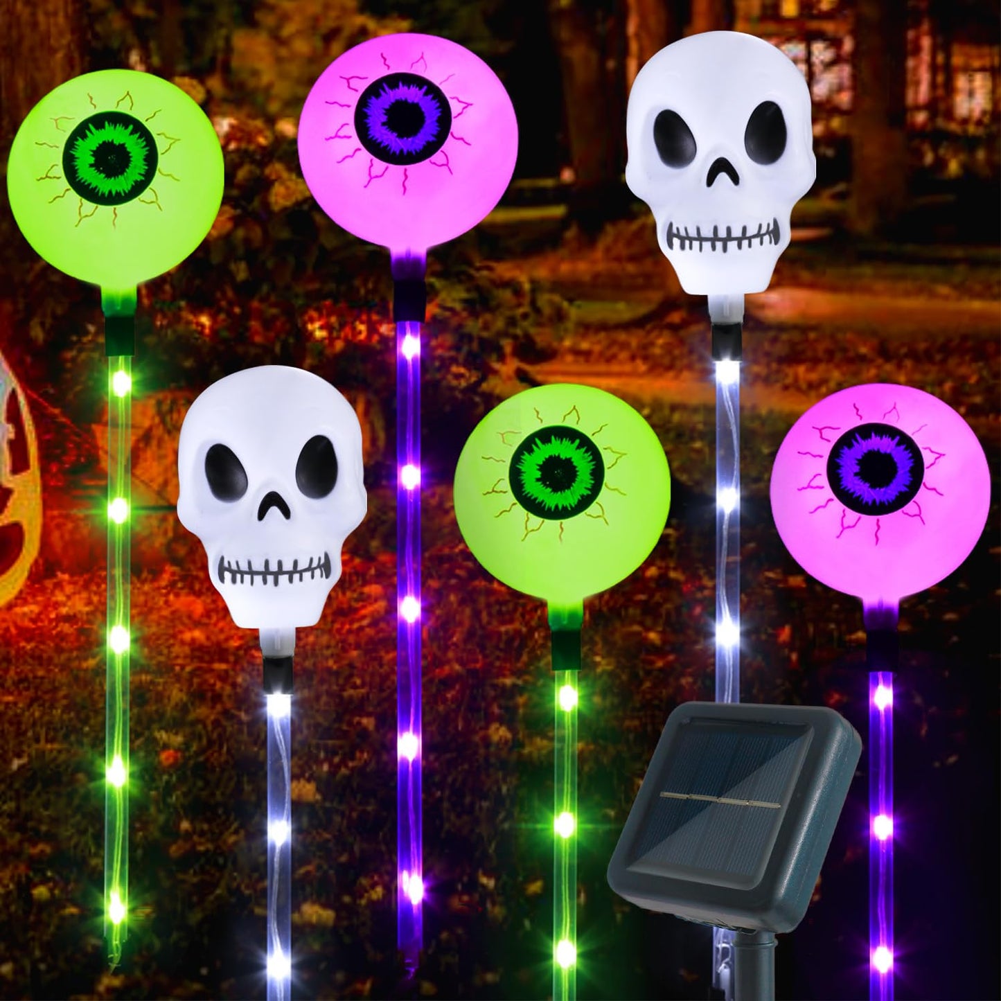Mankinlu Halloween Decorations Outdoor Solar Garden Lights,6 Pack Scary Eyeball Skull Outside Decor,8 Modes Solar Halloween Lights for House Grave Patio Yard Lawn Pathway Halloween Party Ghost Decor