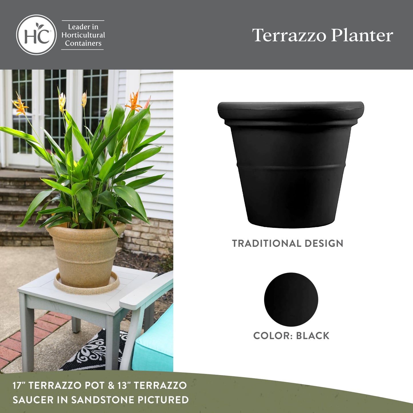 The HC Companies Terrazzo Large Round Plastic Plant Pot w/Rolled Rim - Lightweight & UV Resistant Gardening Pot for Herbs & More - Outdoor & Indoor Plant Pots w/Drainage (20”, Black, Pack of 2)