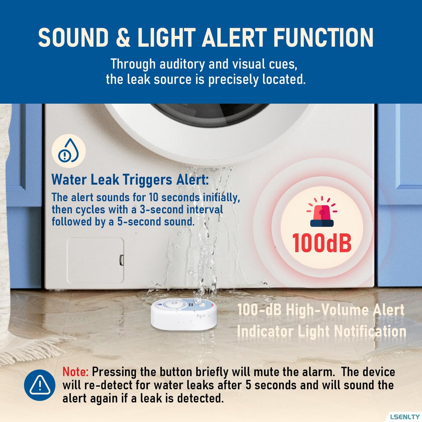 LSENTLY Water Leak Detector Supports 5 Years Standby Time, LED Indicator & 100dB Leak Alarm & Low Battery Reminder Water Alarm, IP66 Waterproof for Home Tub Sinks Washer (Cannot Connect Wi-Fi)