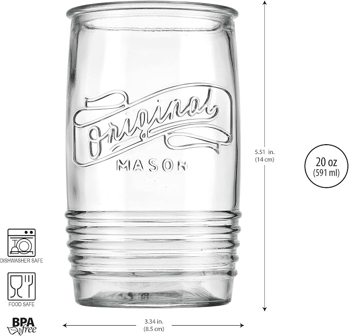 Glaver's Glass Tumbler Drinking Glasses Set of 4 – Genuine Artisan-Made Vintage Italian Original Mason – Elegant 20 Oz Clear Tumbler Glassware Set for Refreshing Drinks, Beverages, Iced Tea.