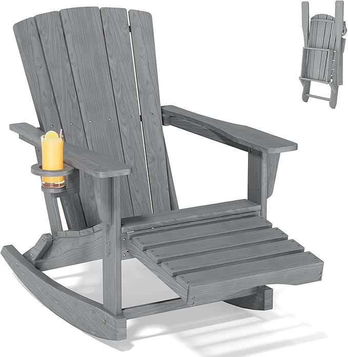 Adirondack Rocking Chair with Retractable Ottoman, Outdoor Folding Adirondack