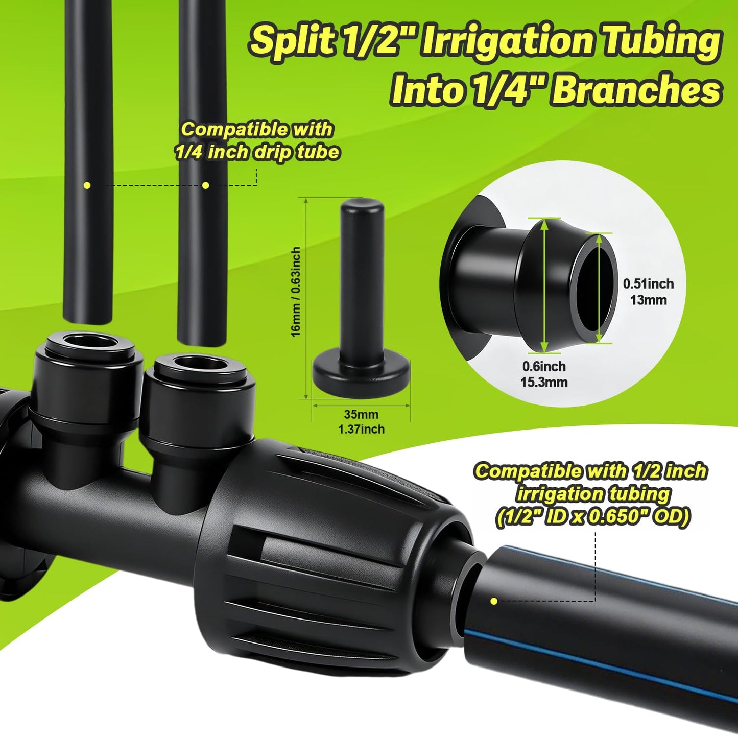 Copadri 6 Pcs Barbed Tee 1/2 Inch To 1/4 Inch Irrigation Tubing Fittings, 1/2 Inch(1/2" ID x 0.65" OD) To 1/4 Inch Quick Connect Irrigation Adapter 16mm Hose Locked T Reducer To 1/4" Water Line
