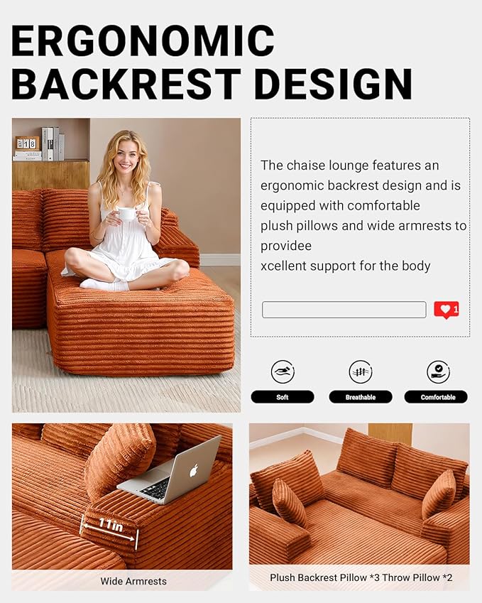 108" Cloud Sectional Couch, Modern Modular Sectional Sofa