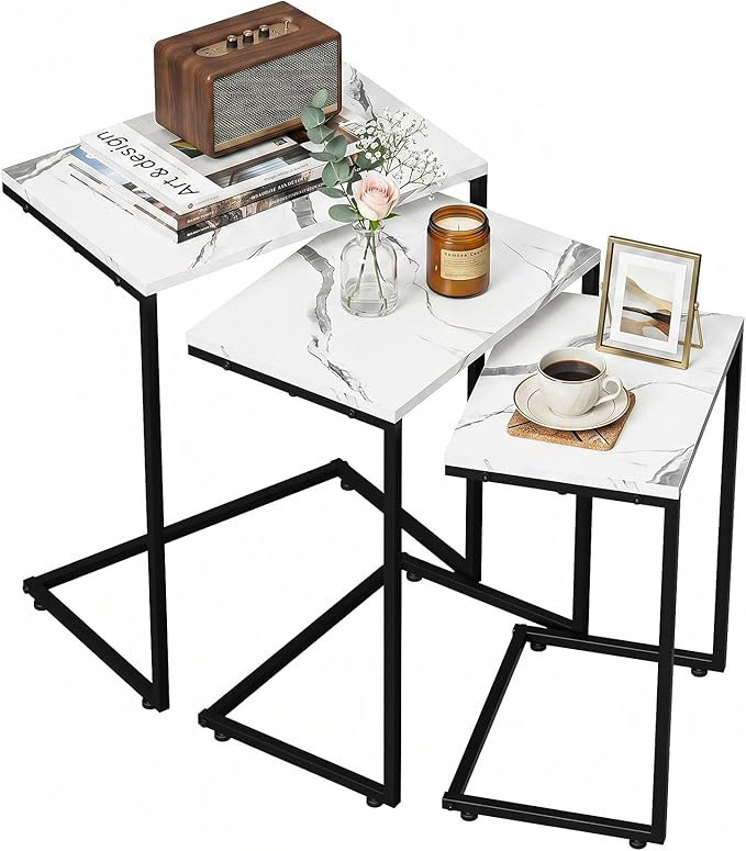 SUPER DEAL Nesting Tables Set of 3, Industrial C Shaped End Table Stackable