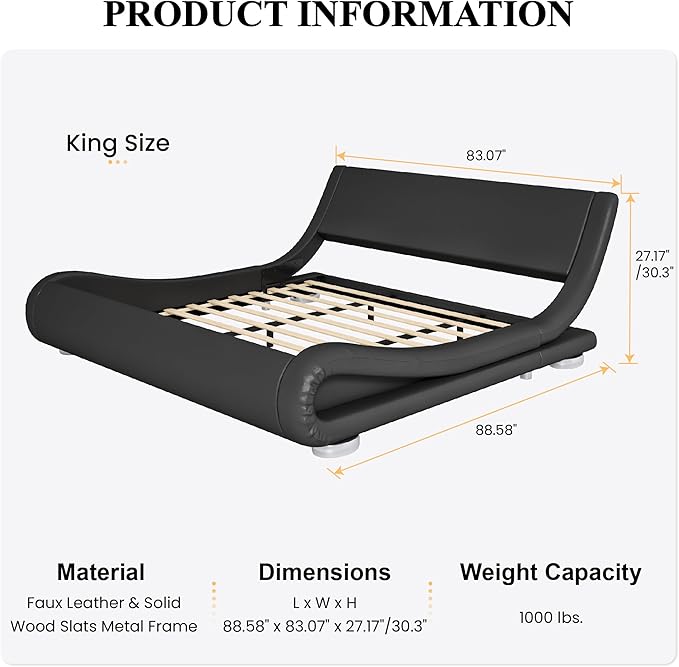 SHA CERLIN King Size Upholstered Bed Frame, Deluxe Low Profile Sleigh Bed