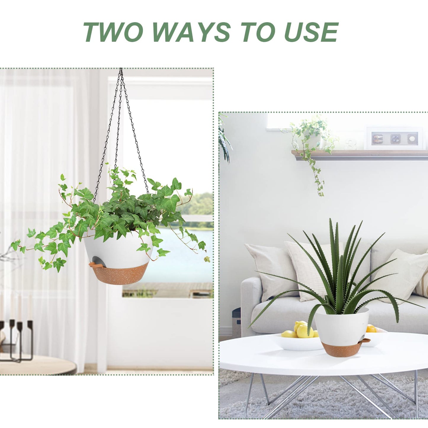 Vanslogreen Hanging Planters for Indoor Outdoor Plants, 2 Pack Self Watering Hanging Pot with Drainage Holes & Removable Tray (White, 6'')