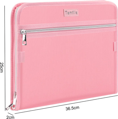 Fireproof Safe Accordion File Organizer Bag Folder,Waterproof Expanding Filing Folder with 14 Pockets, A4 Letter Size, Document Organizer Holder and Color Labels /2 Zipper (Pink 14.3" x 9.8")