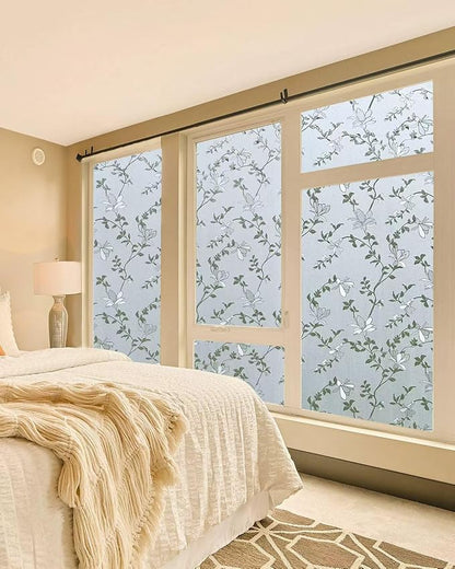 Frosted Glass Window Film with Elegant Flower Design, Bathroom Window Privacy Film for Glass Windows Cover, Static Cling, Removable, Reusable, Anti-UV, Anti-Glare, 35.4 Inch * 157.4 Inch