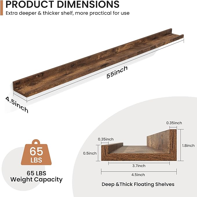 Fun Memories Picture Ledge Shelves Set of 2, 55 Inch Rustic Wall Mounted