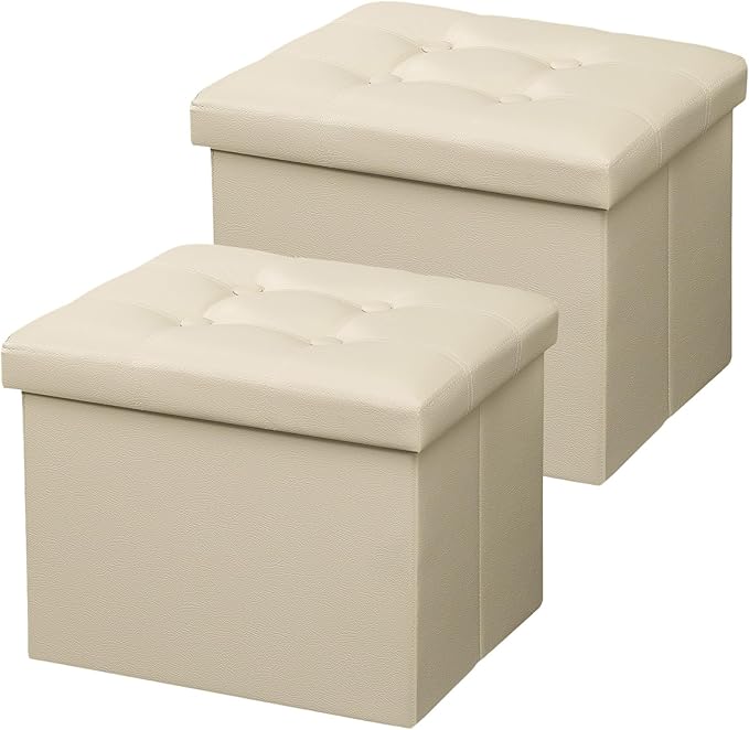AmasSmile Storage Ottoman Folding Foot Rest Stool, Leather Footstool Bench