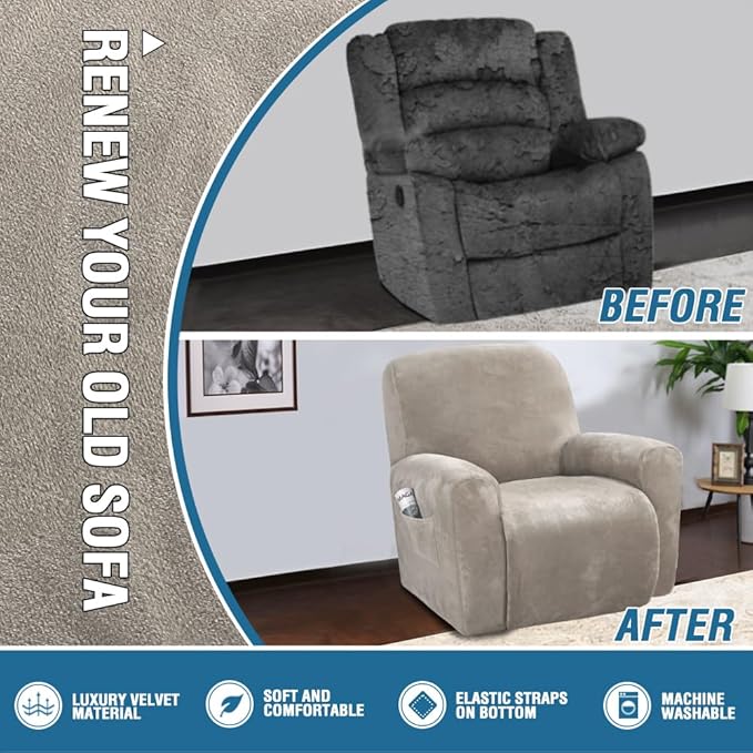 H.VERSAILTEX Velvet Stretch Recliner Couch Covers 4-Pieces Style Recliner Chair