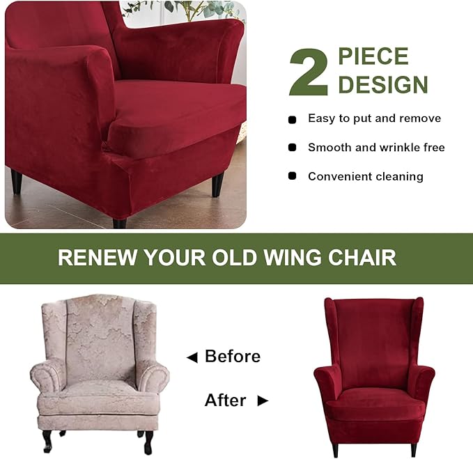 HAOYONG Velvet Wingback Armchair Covers 2-Piece Elastic Stretch Wingback Chair